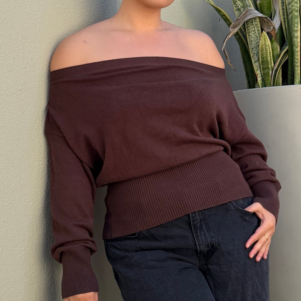 Chic Off-Shoulder Brown Sweater
